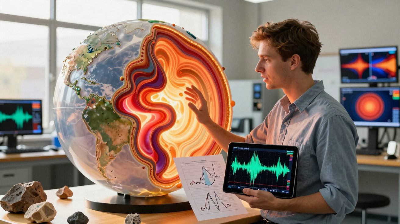 Jovem cientista analisa modelo iluminado da estrutura interior da Terra numa sala com vários ecrãs e amostras de rocha.