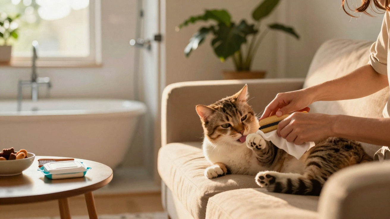 Gato a receber escovagem numa pata enquanto está deitado num sofá, com luz natural a entrar pela janela.