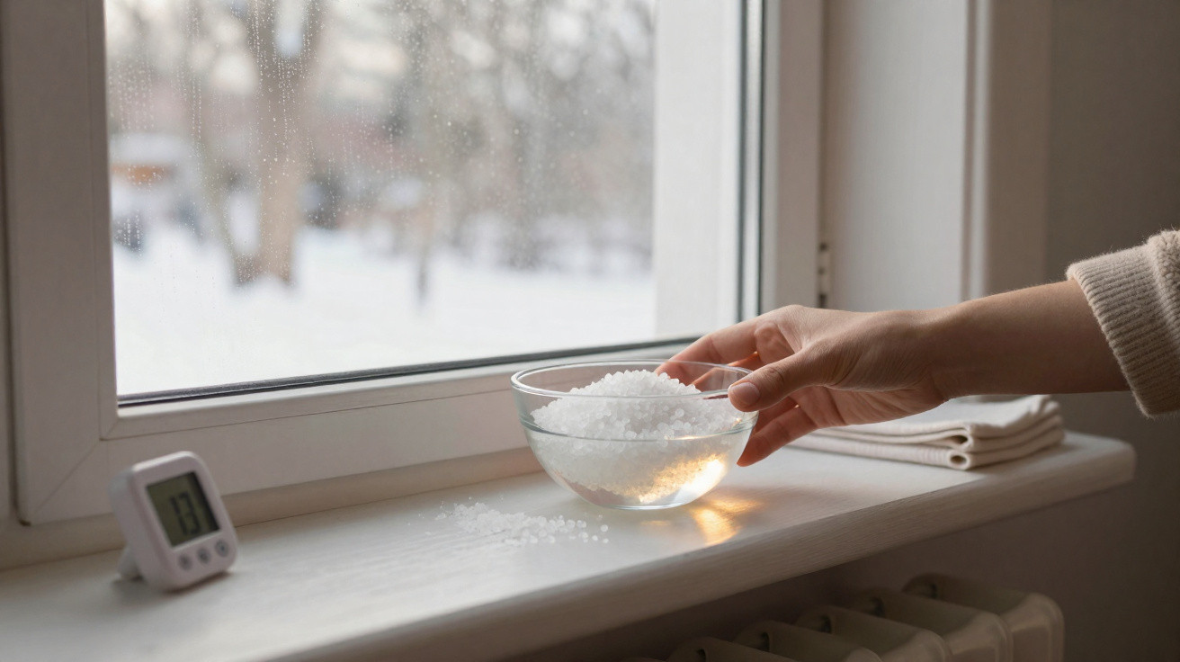 Mão a colocar sal de gelo num recipiente sobre o peitoril da janela com neve lá fora.
