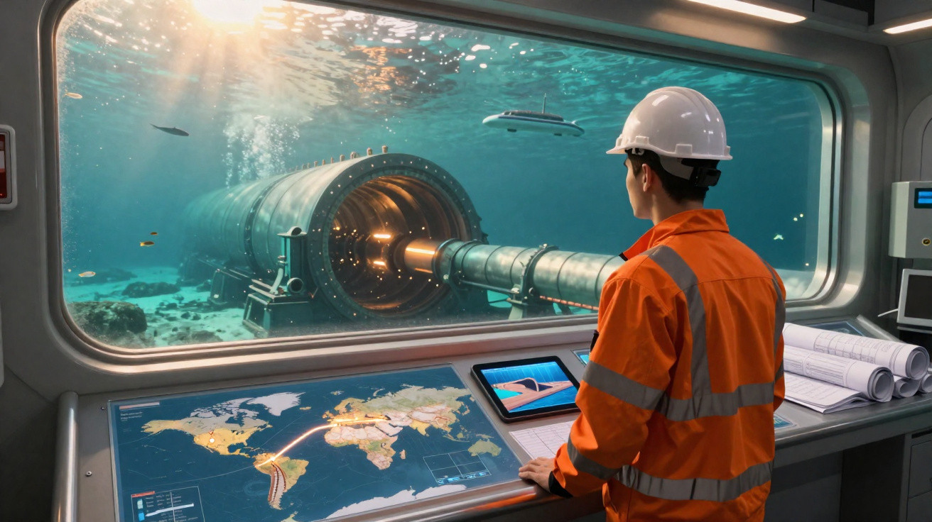 Engenheiro com capacete observa turbina submarina através de janela na sala de controlo de energia oceânica.