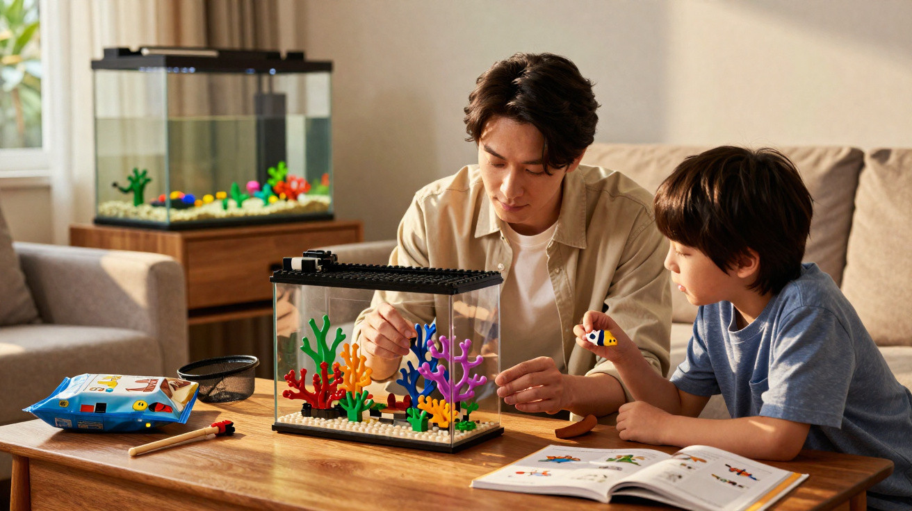 Homem e menino montam juntos aquário de brinquedo colorido numa mesa de madeira na sala.