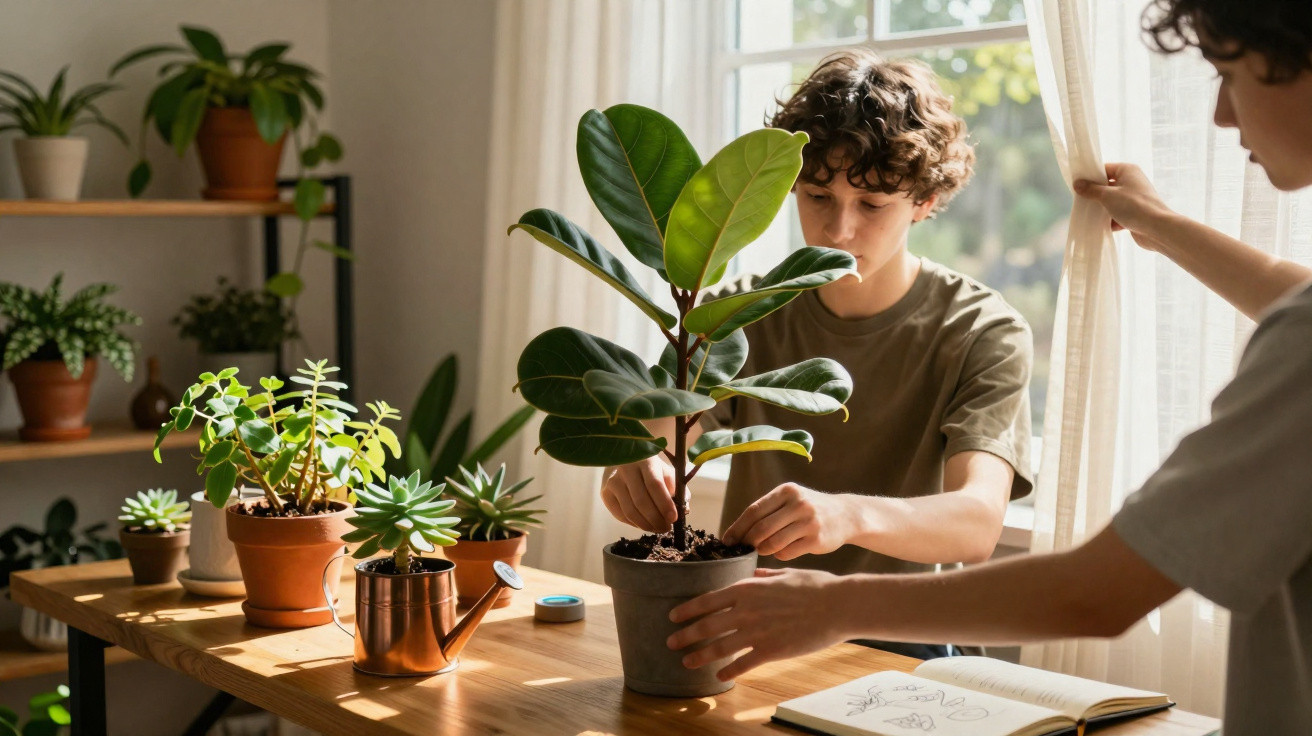 Dois jovens cuidam de plantas num interior iluminado por janela com cortinas brancas translúcidas.