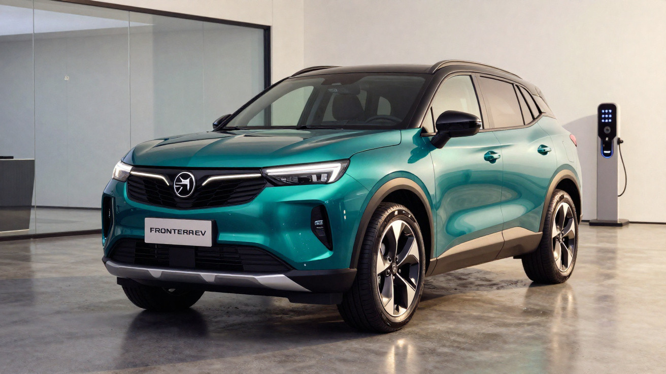 Carro elétrico SUV verde com teto preto estacionado numa garagem moderna, ligado a estação de carregamento.