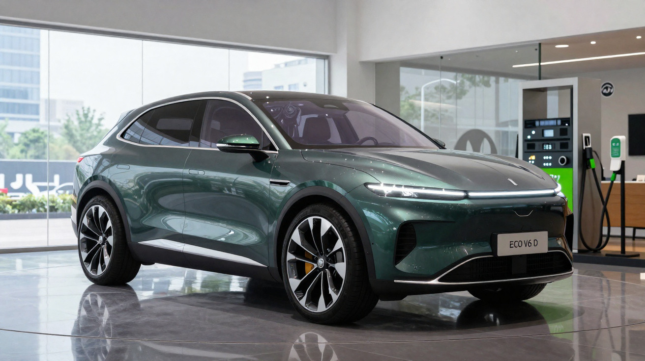 Carro elétrico verde escuro modelo SUV estacionado em showroom moderno com estação de carregamento ao lado.