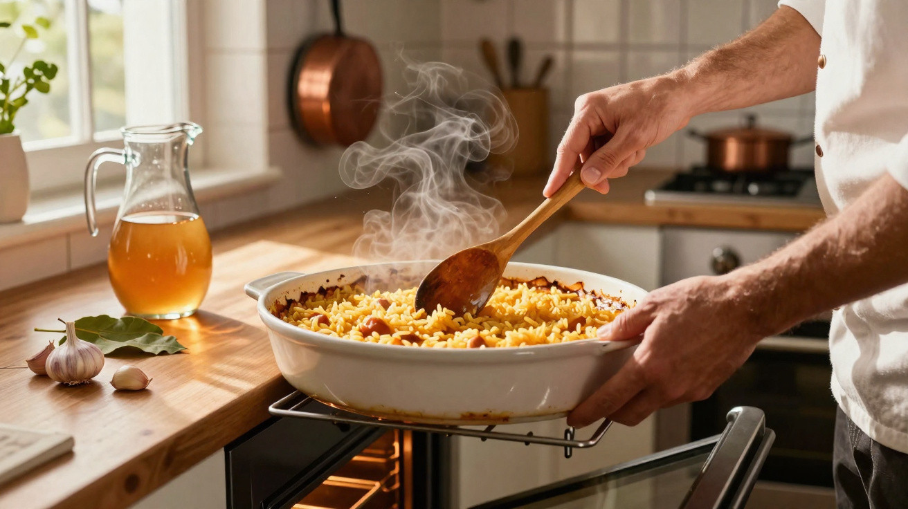 Mãos mexem arroz fumegante numa assadeira retirada do forno numa cozinha iluminada.