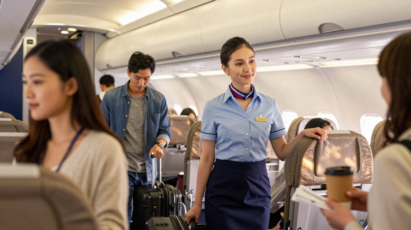 Assistente de voo a interagir com passageiros que arrumam bagagem e se acomodam em poltronas de avião.