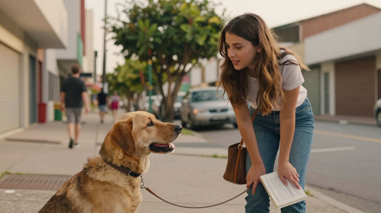 Mulher jovem a falar com cão castanho numa rua, segurando uma trela e um livro.