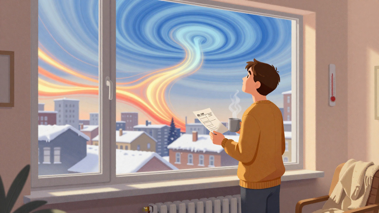 Homem observa ao longe o céu giratório colorido, segurando café fumegante e um papel, junto a janela de casa.