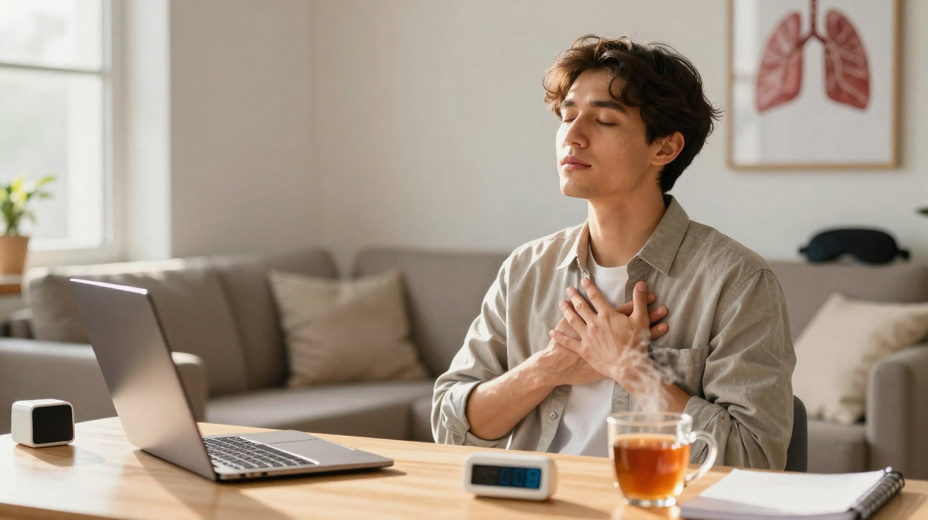 Pessoa sentada a meditar com as mãos no peito numa sala com computador, chá e medidor de saúde.
