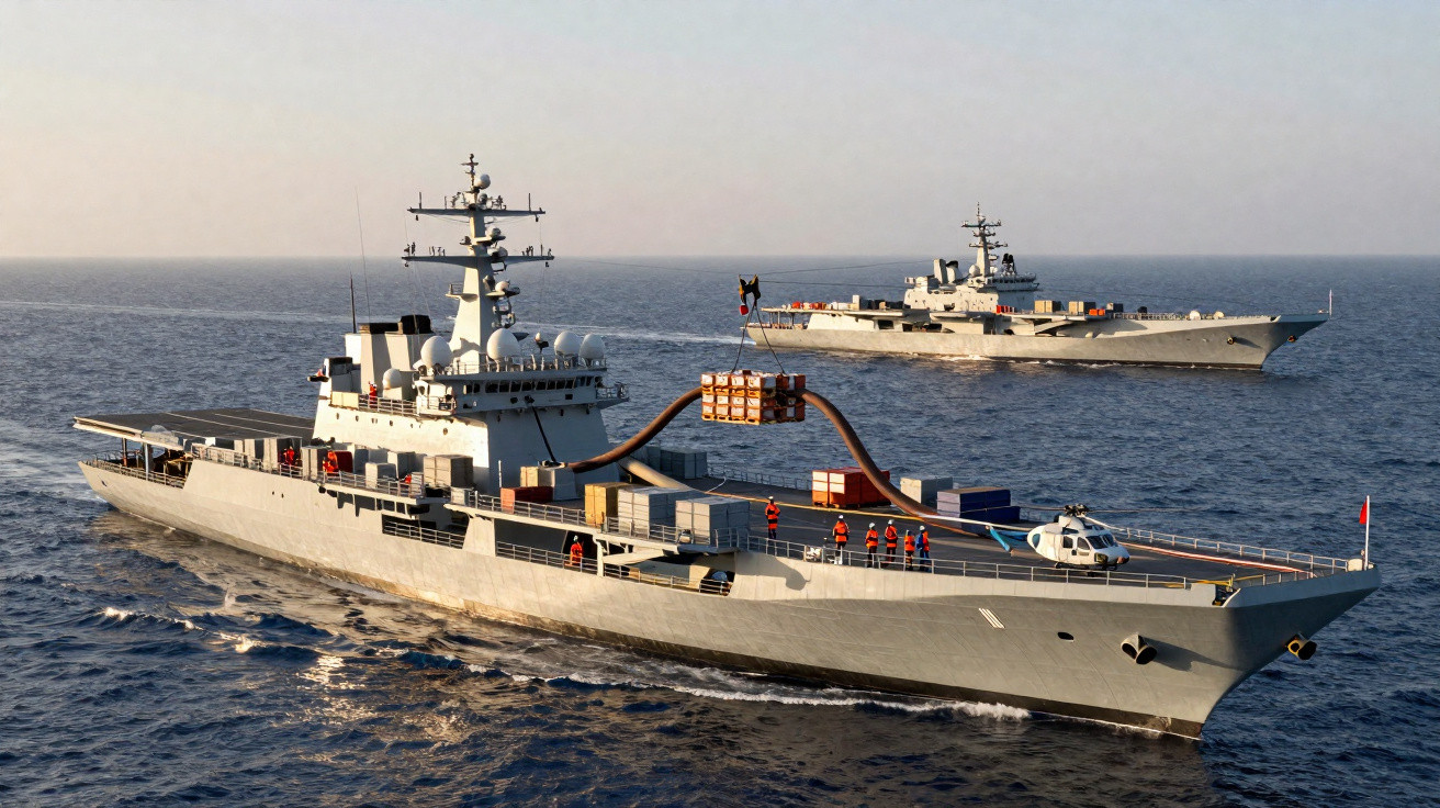 Dois navios militares portugueses em alto mar, com tripulação a transferir carga entre eles.