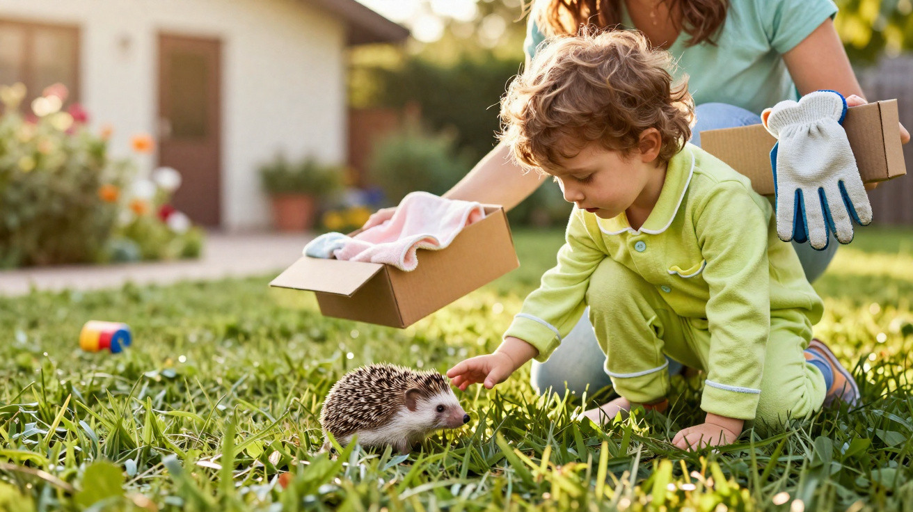 Criança toca um ouriço vivo na relva com um adulto a guardar caixas e luvas de jardinagem.