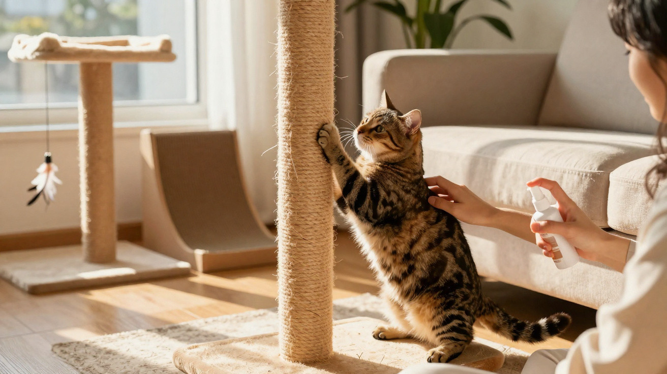 Gato a arranhar um poste de arranhar enquanto uma pessoa pulveriza spray num ambiente interior iluminado.