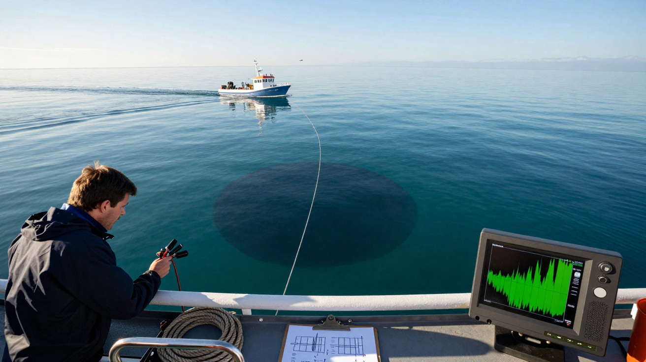 Homem em barco observa e controla equipamento ligado a outro barco sobre mar calmo com radar ligado.
