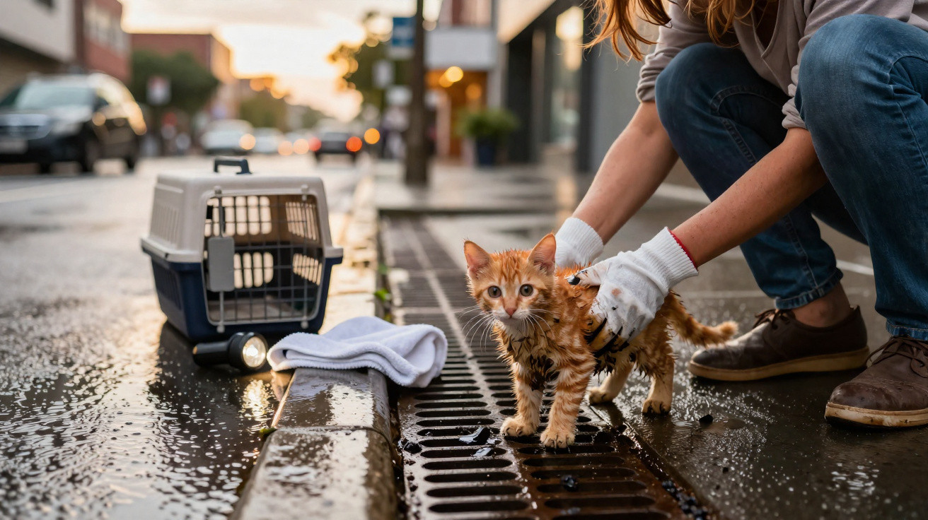 Pessoa a ajudar um gato molhado junto a uma sarjeta numa rua urbana ao pôr do sol.