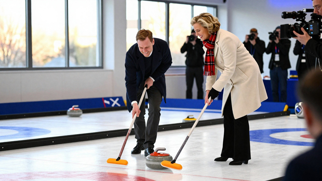 Duas pessoas sorriem enquanto jogam curling numa pista interior, com fotógrafos ao fundo.