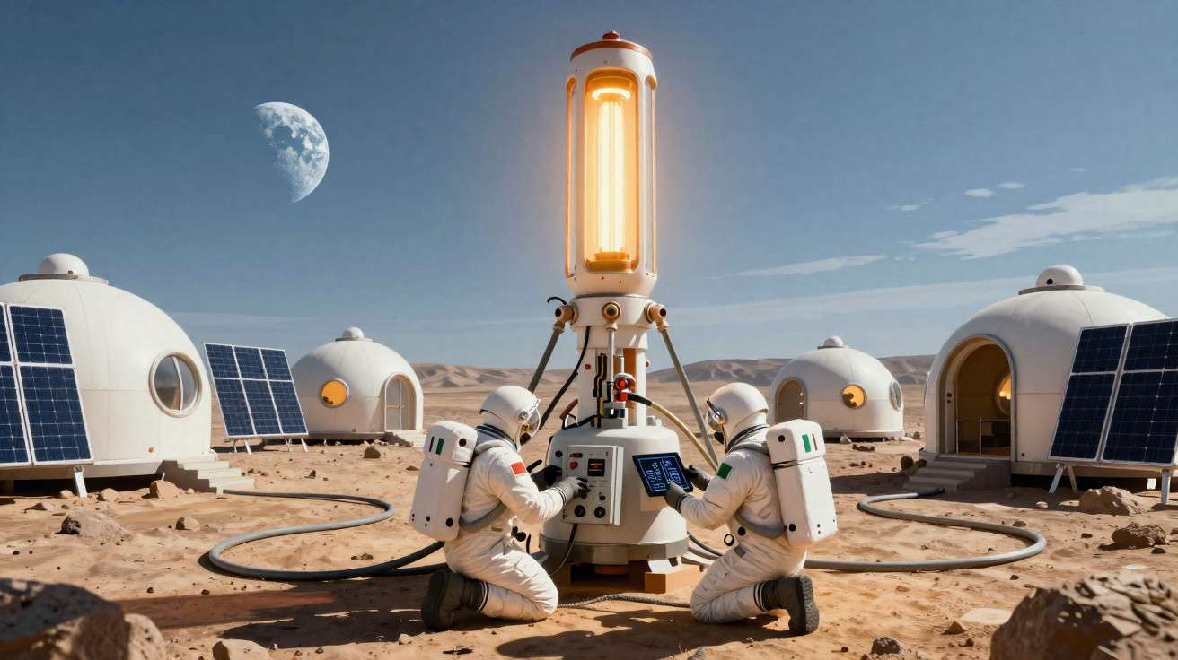 Dois astronautas em atuendo espacial junto a equipamento tecnológico num habitat futurista em ambiente lunar com a lua visíve