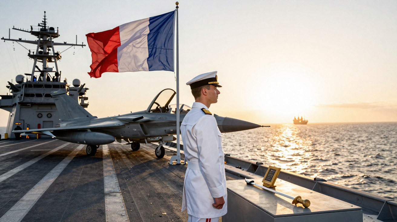 Oficial da marinha francesa em uniforme branco no convés de porta-aviões com jato e bandeira ao pôr do sol.