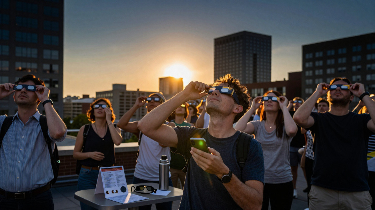 Grupo de pessoas com óculos especiais a observar eclipse solar ao pôr do sol numa cidade.