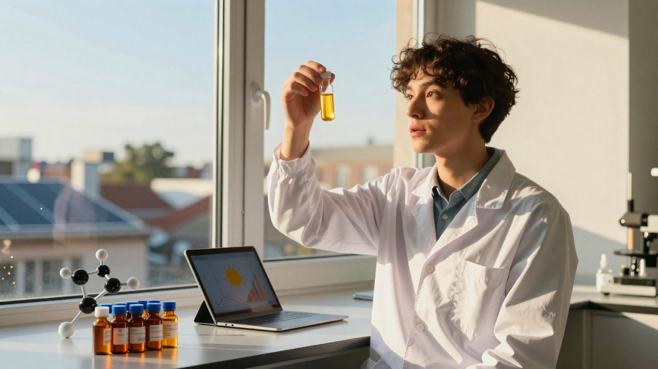 Jovem cientista com bata branca analisa líquido amarelo numa amostra num laboratório iluminado pela luz natural.