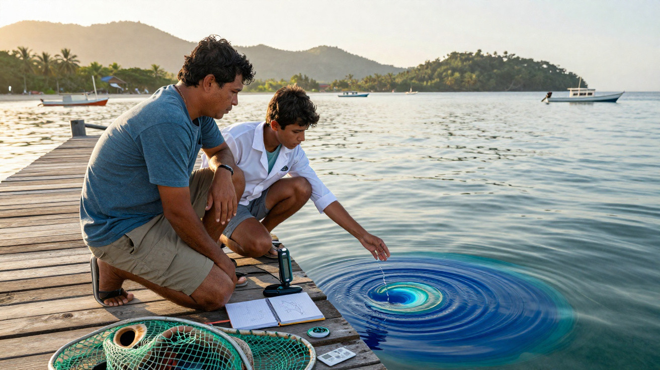 Homem e rapaz sentados num cais a observar um redemoinho colorido na água, com equipamentos de pesca por perto.
