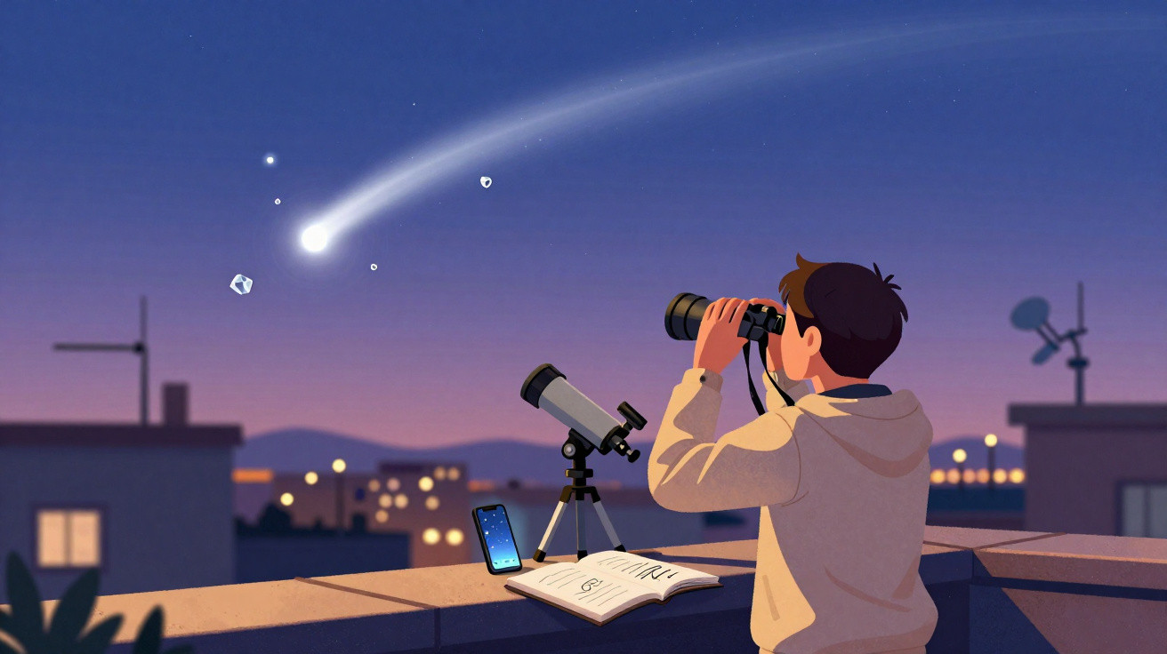 Jovem observa o céu ao entardecer com binóculos, telescópio, livro e smartphone numa varanda urbana.