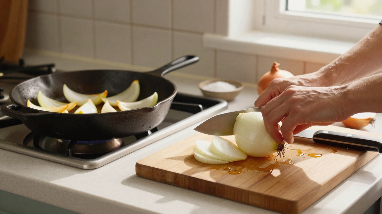 Pessoa a cortar cebola em tábua de madeira enquanto cebolas cozinham numa frigideira ao lume.