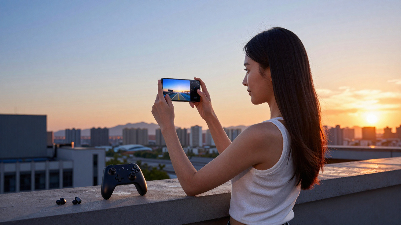 Mulher a fotografar o pôr do sol na cidade com um smartphone numa varanda ao entardecer.
