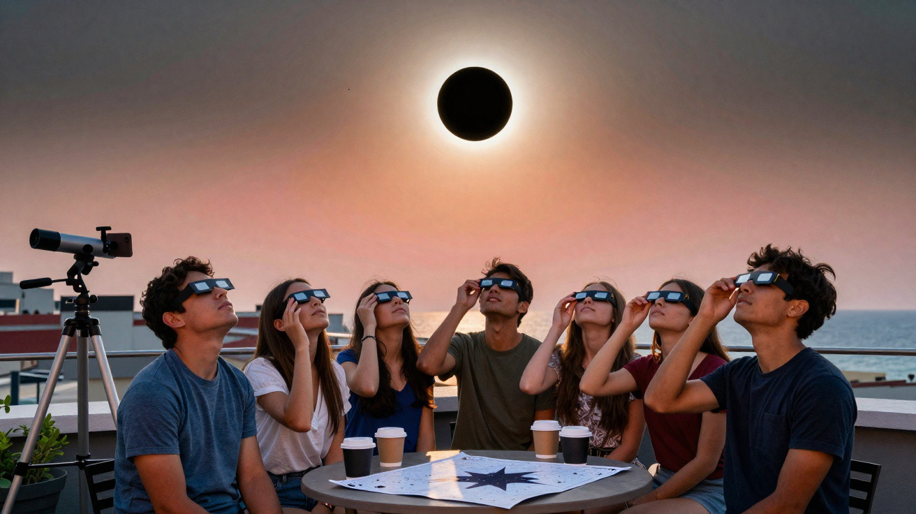 Grupo de pessoas a observar eclipse solar parcial ao pôr do sol, usando óculos de proteção especiais.