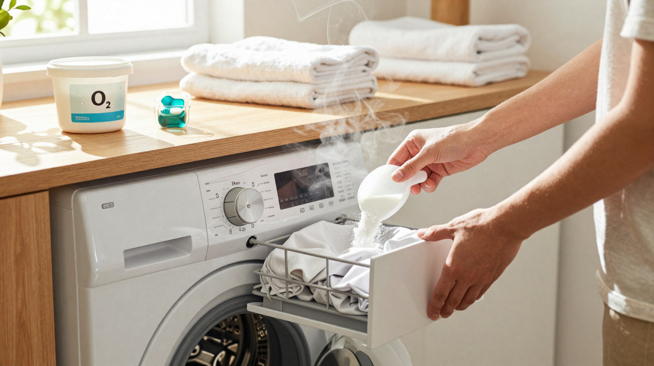 Pessoa a colocar detergente em pó na gaveta da máquina de lavar roupa branca num ambiente luminoso.