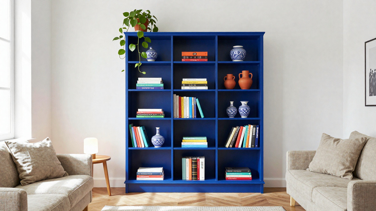 Estante azul com livros e objetos decorativos entre dois sofás cinza numa sala iluminada.