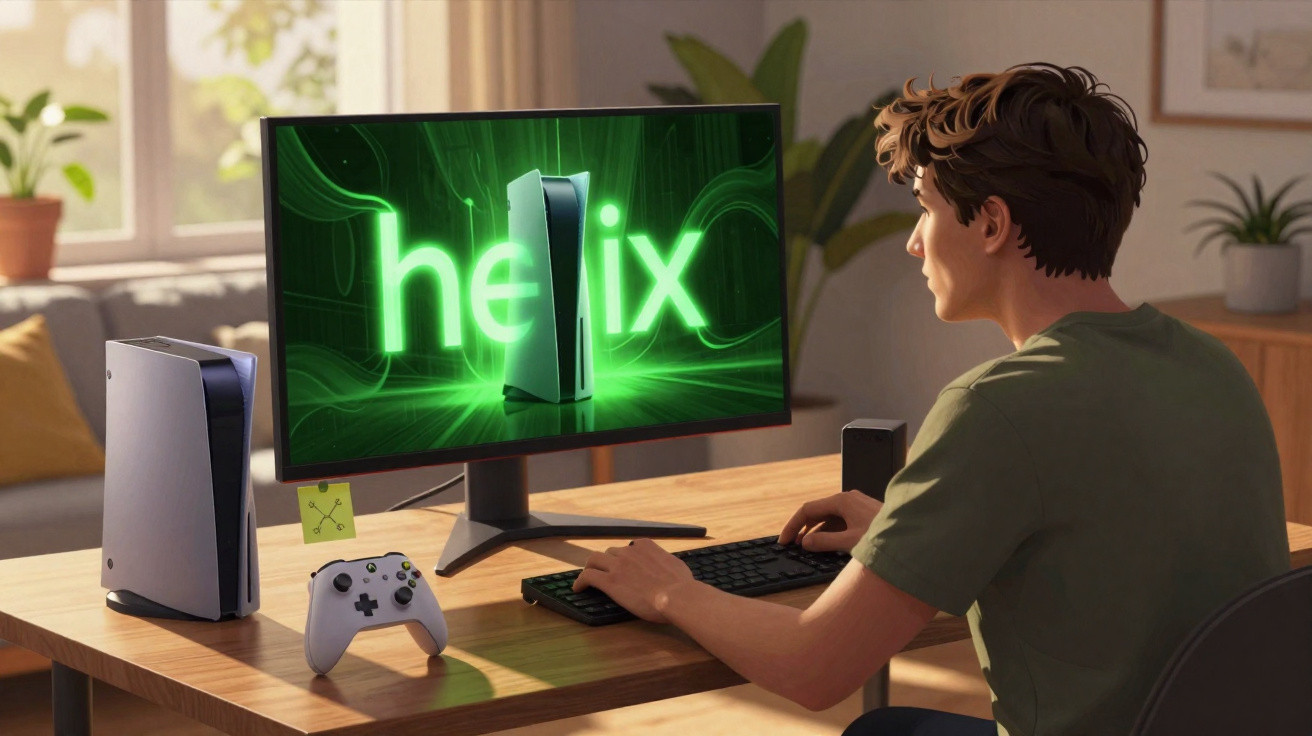 Homem a usar computador com consola e comando PlayStation numa secretária em ambiente doméstico iluminado.