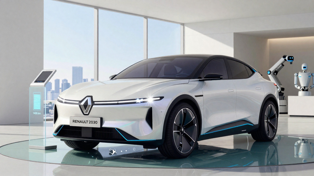 Carro elétrico Renault 2030 branco exibido em espaço futurista com robôs e montra digital.