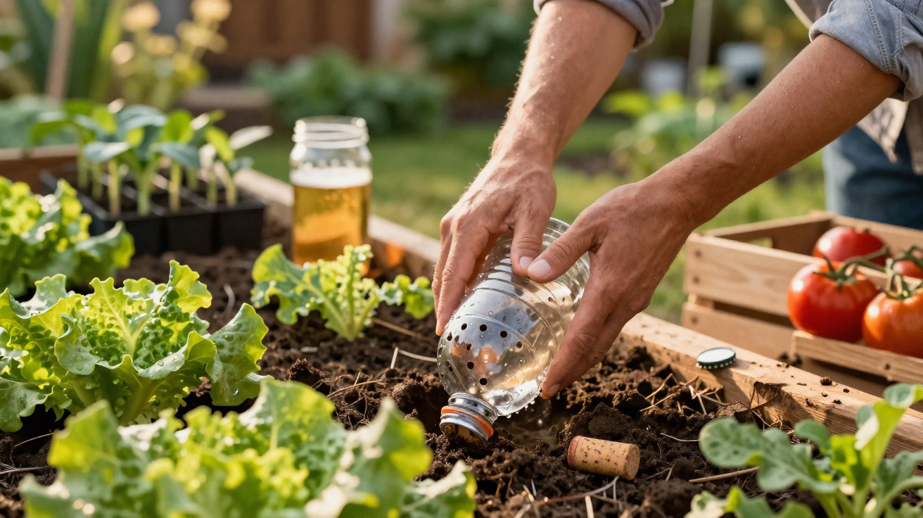 Mãos a regar plantas numa horta com garrafa reutilizada, com legumes e tomates no fundo.