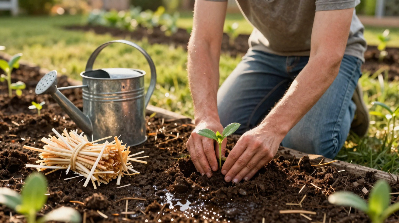 Pessoa a plantar uma muda numa horta com regador e estacas em terra molhada ao lado.