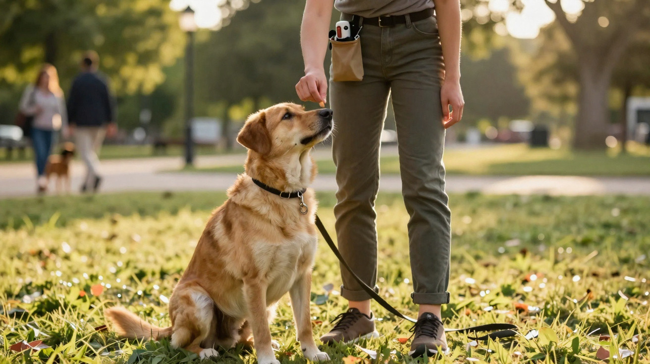Cão castanho sentado no parque ao lado de pessoa que lhe dá uma recompensa com as mãos.