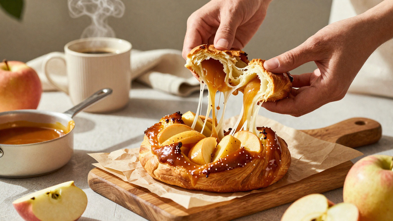 Mãos a partir uma tarte folhada recheada com queijo derretido e maçãs, com café e molho ao fundo.