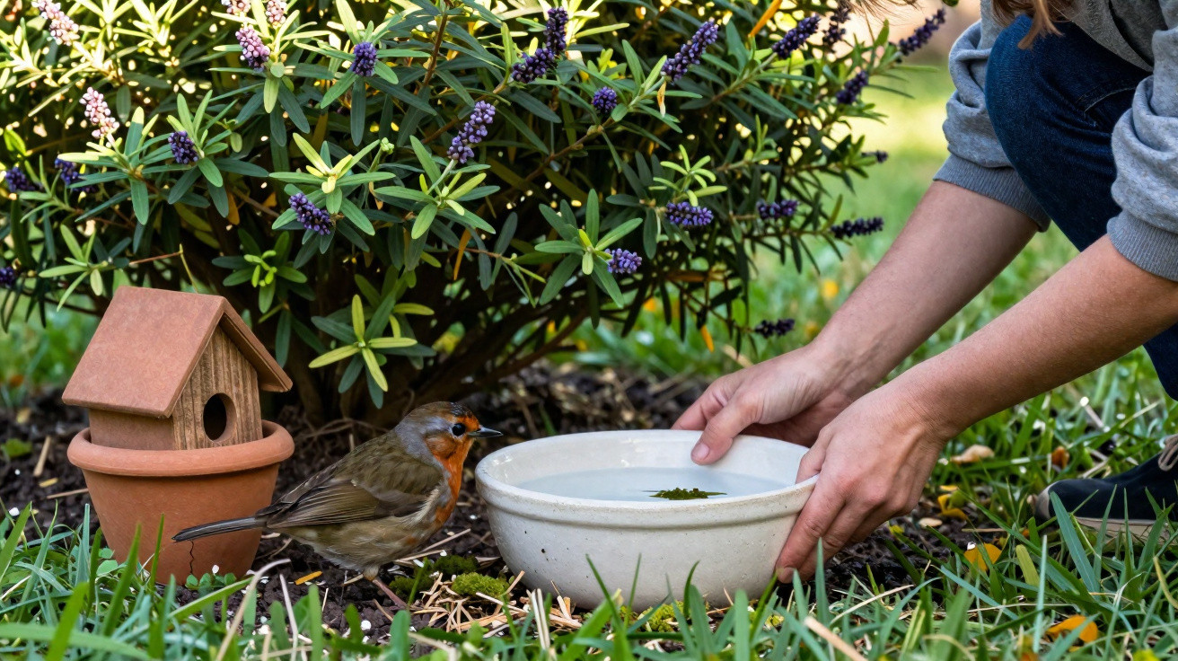 Pessoa a colocar um recipiente com água no chão junto a um pássaro e uma casa de madeira para aves.