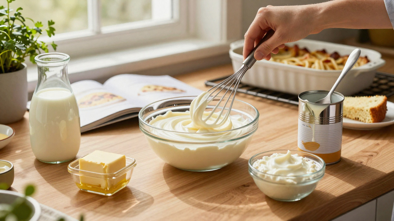 Mão a mexer creme numa tigela de vidro, com leite, manteiga, leite condensado e receita numa mesa de madeira.