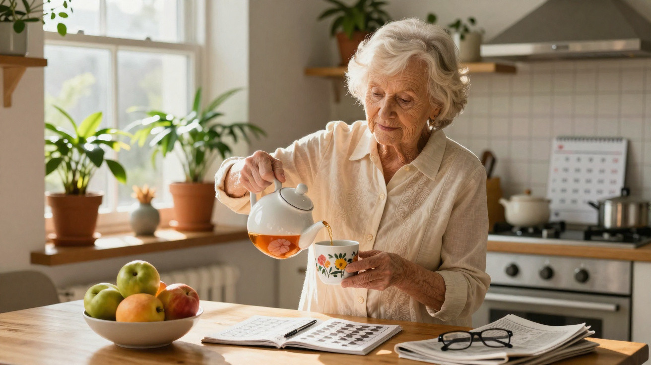 Idosa a servir chá numa chávena numa cozinha luminosa com plantas e fruta na mesa.