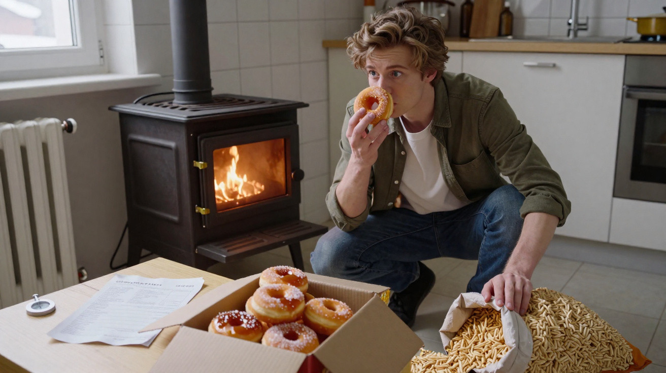 Jovem a comer uma rosquinha junto a uma lareira acesa na cozinha, com caixa de rosquinhas e sacos de snacks.