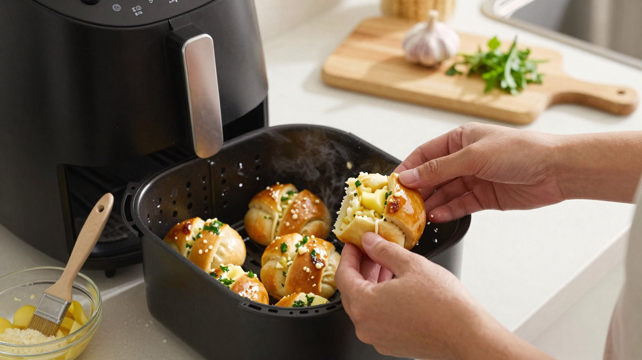 Pessoa a retirar pão quente recheado de queijo de uma air fryer numa cozinha moderna.