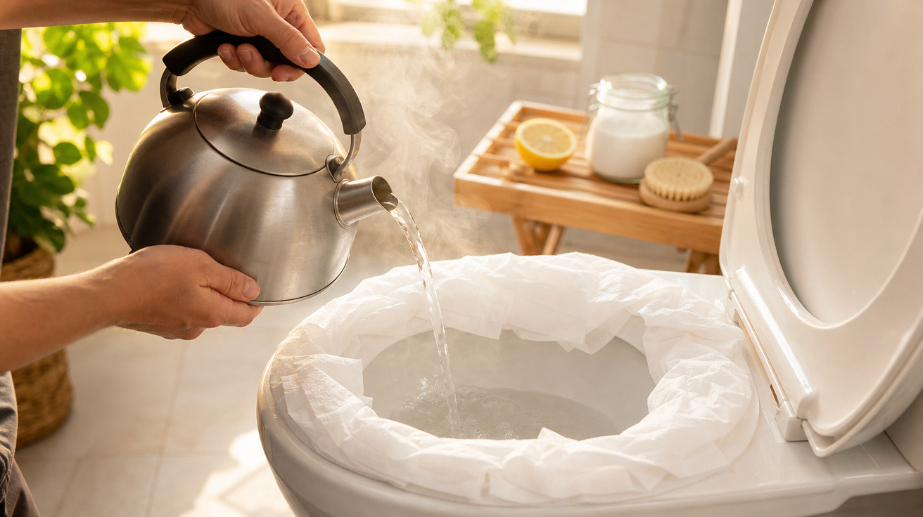 Pessoa a deitar água quente com bule numa sanita forrada com papel higiénico para limpeza profunda.