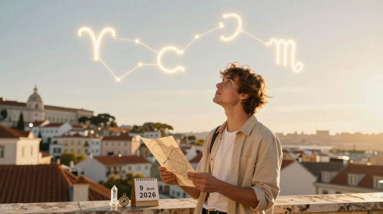 Jovem a observar signos astrológicos no céu, segurando mapa, num terraço com casas ao fundo.