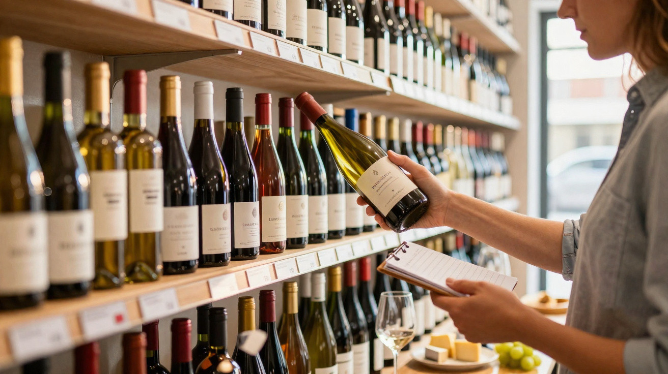 Pessoa a examinar uma garrafa de vinho numa prateleira de loja, com bloco de notas na mão.