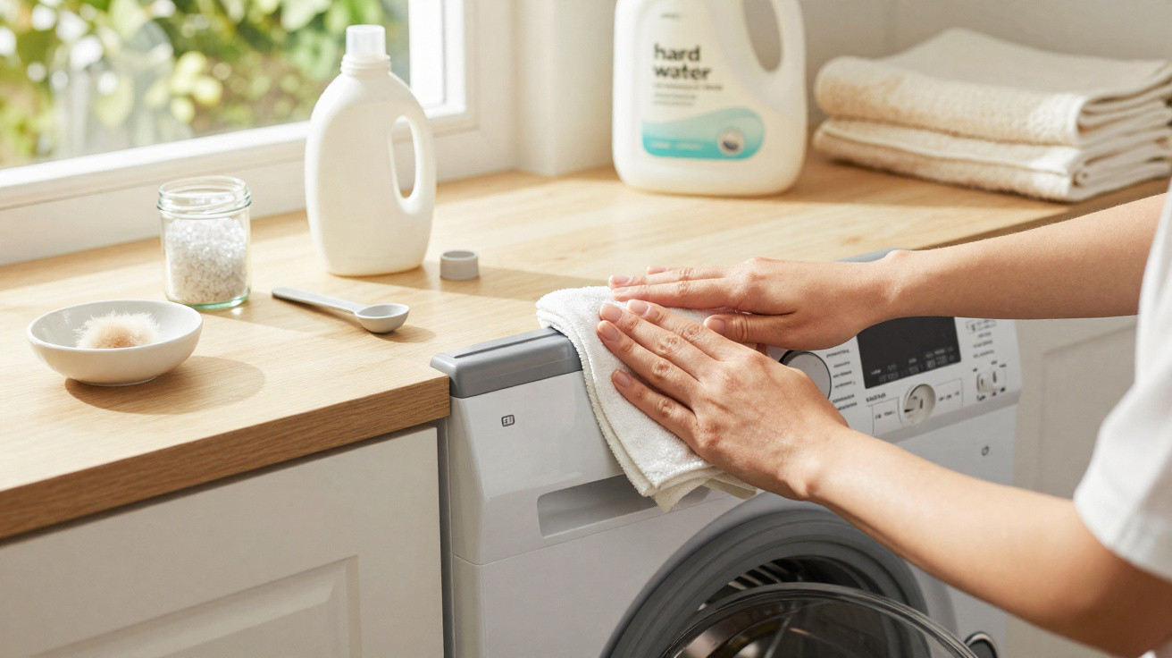 Mãos a limpar a superfície de uma máquina de lavar roupa branca numa lavandaria com detergentes ao fundo.