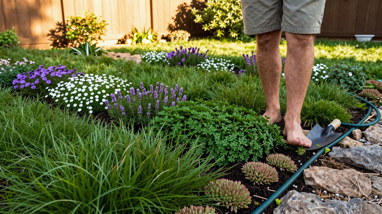 Pés descalços de uma pessoa em bermudas num jardim com várias plantas e flores coloridas.