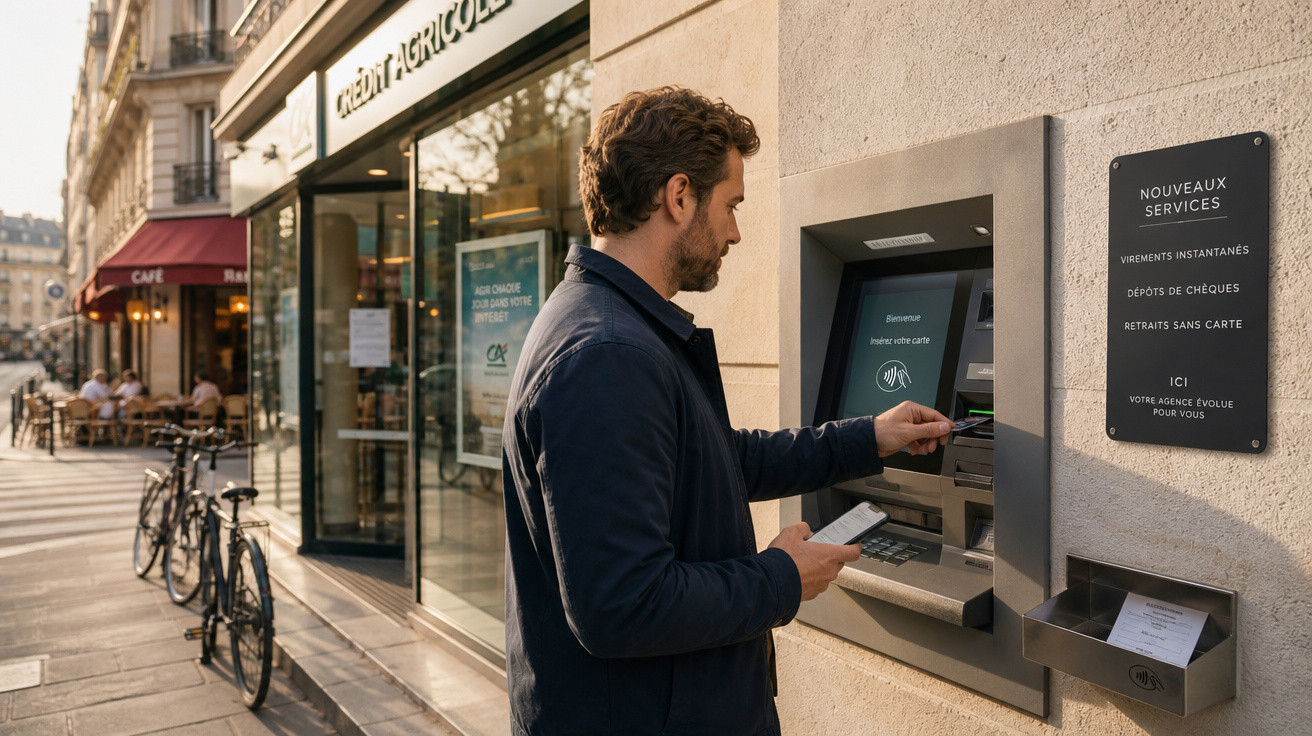 Homem a usar um multibanco junto a uma agência do Crédit Agricole numa rua de cidade.