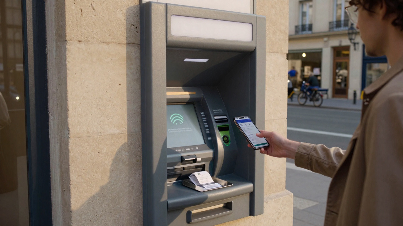 Pessoa a usar smartphone para levantar dinheiro num multibanco numa rua da cidade.