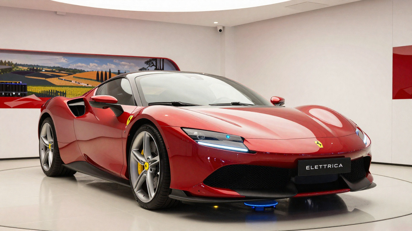 Carro desportivo vermelho Ferrari Elettrica numa exposição com fundo branco e quadro decorativo.