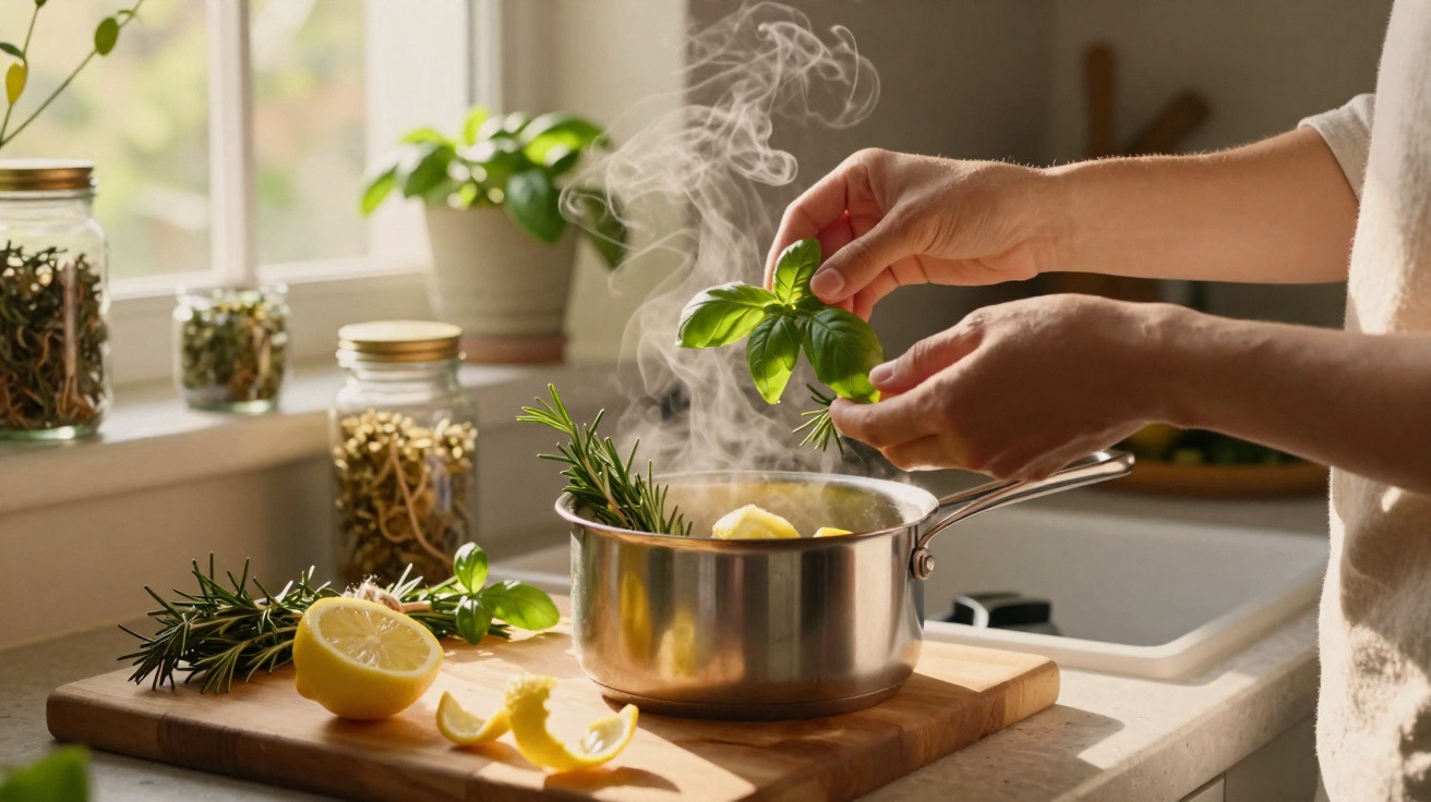 Mãos adicionam manjericão a panela com ervas e batatas numa cozinha iluminada pela luz natural.